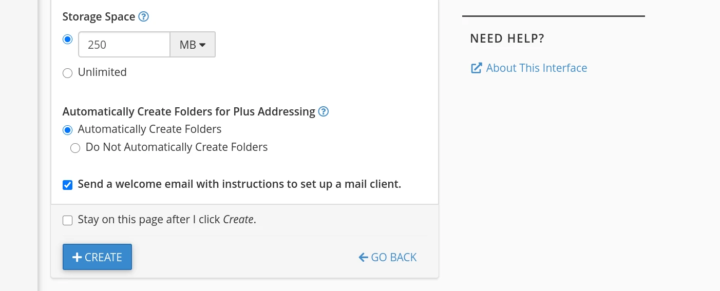 cPanel 电子邮件帐户设置页面的下半部分。