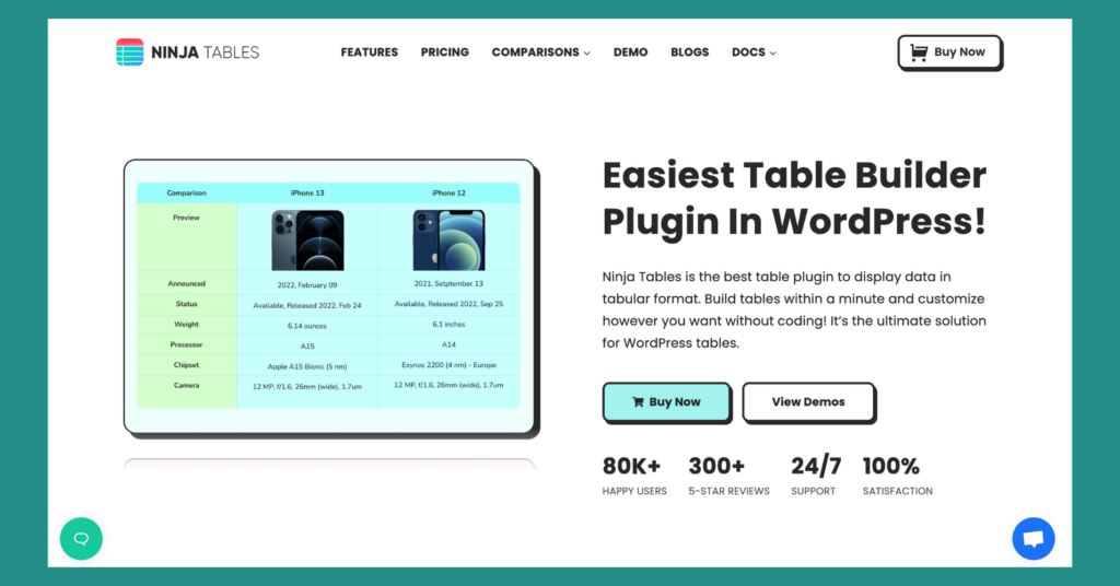 Schermata della home page di Ninja Tables