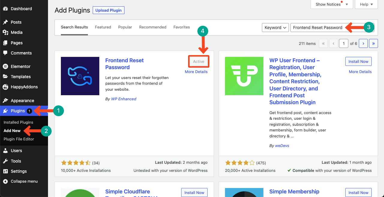 Elementor 24를 사용하여 WordPress에 로그인 페이지를 만드는 방법 Install and activate the Frontend Reset Password plugin