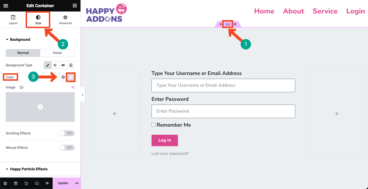 Elementor 18을 사용하여 WordPress에 로그인 페이지를 만드는 방법 Add background color to the Login form