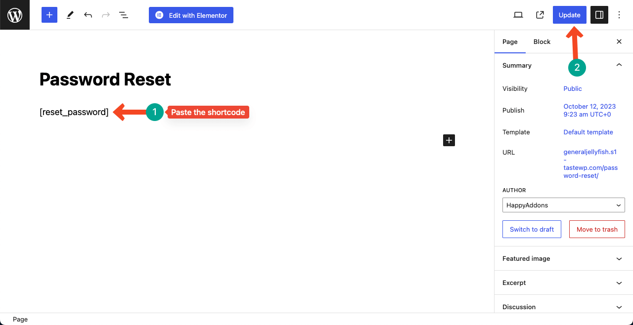 Elementor 27을 사용하여 WordPress에 로그인 페이지를 만드는 방법 Paste the shortcode on the Password Reset page