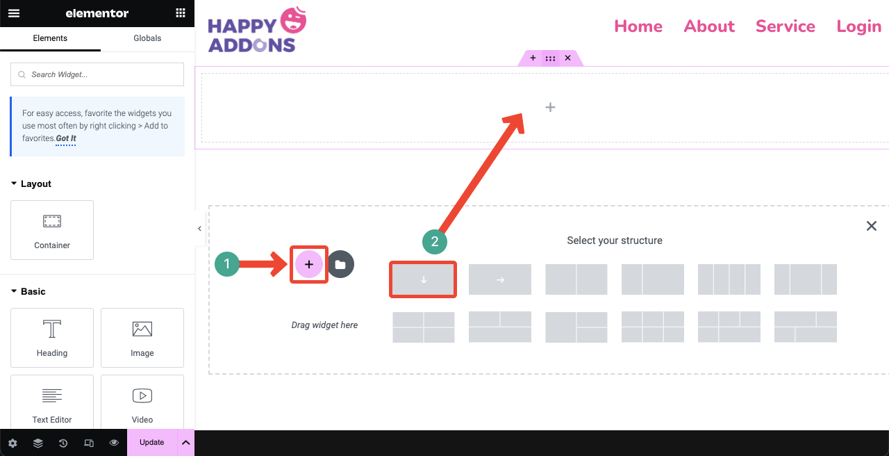 Elementor 4를 사용하여 WordPress에 로그인 페이지를 만드는 방법 Select a structure for placing widget