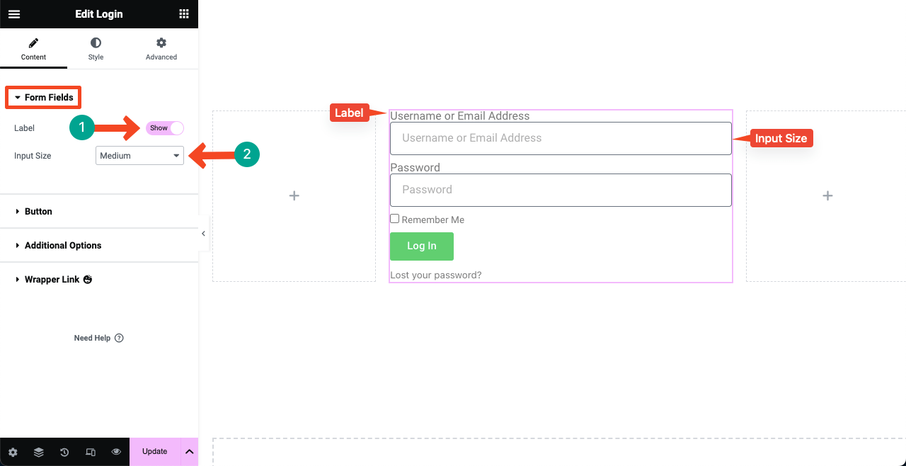 Elementor 11을 사용하여 WordPress에 로그인 페이지를 만드는 방법 Edit Form fields