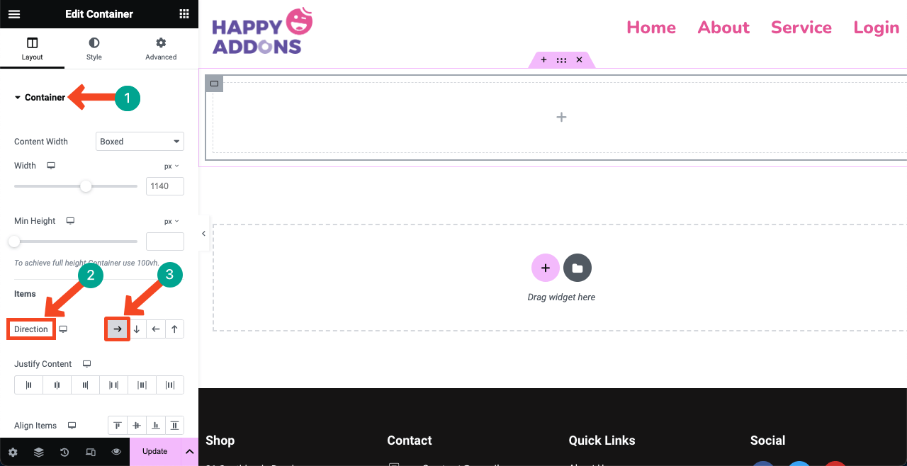 Elementor 6을 사용하여 WordPress에 로그인 페이지를 만드는 방법 Set the Flexbox direction