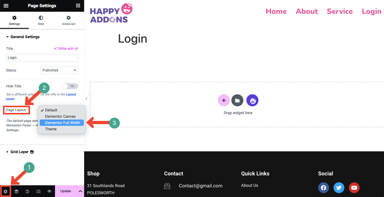 Elementor 3를 사용하여 WordPress에 로그인 페이지를 만드는 방법 Open the canvas with Elementor full width