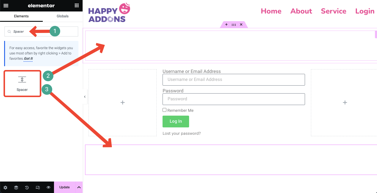 Elementor 9를 사용하여 WordPress에 로그인 페이지를 만드는 방법 Use the Spacer widget to create space between sections on the canvas