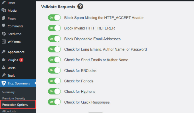 หยุดตัวเลือกปลั๊กอินสแปมเมอร์ Stop Spammers plugin options