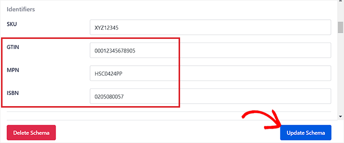 Aggiungi il codice ISBN, GTIN o MPN e fai clic sul pulsante Aggiorna schema Add the ISBN, GTIN, or MPN and click Update Schema button