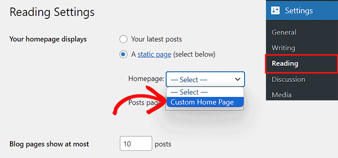 Scegli una home page statica Choose a static home page