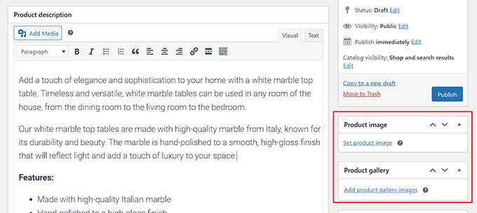 Aggiungi l'immagine e la descrizione del prodotto Add product image and description