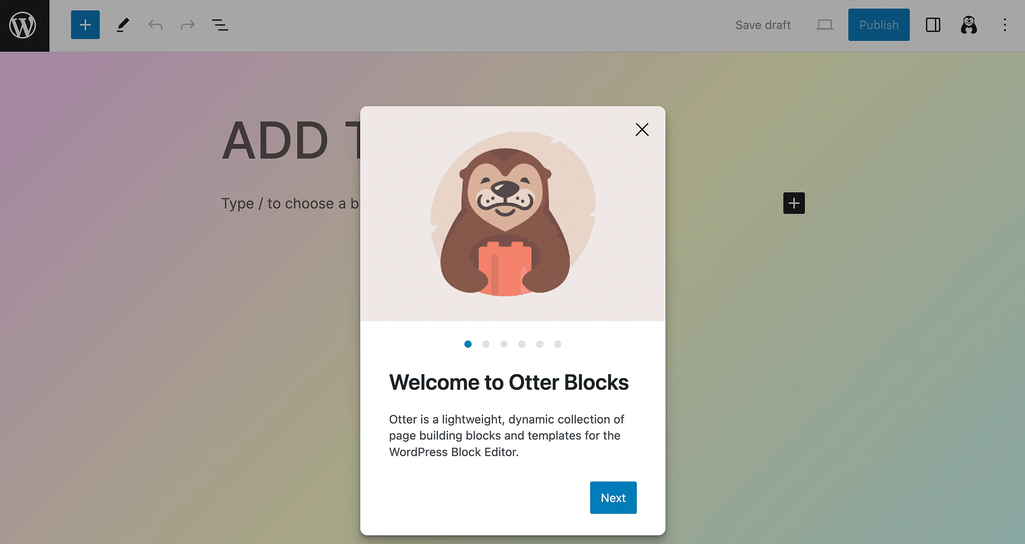 WordPress 區塊編輯器中的 Otter Blocks 歡迎訊息。