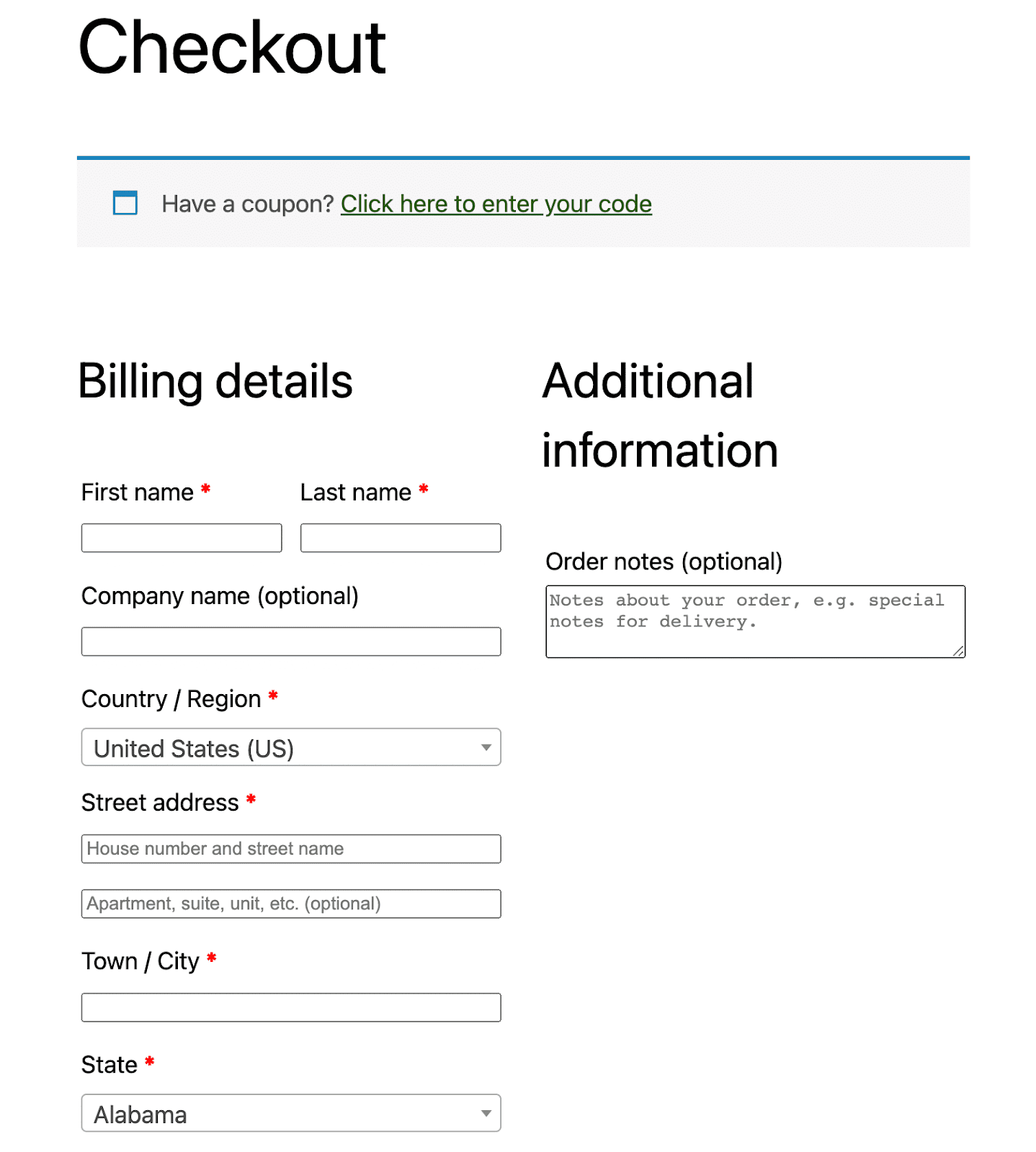 Halaman Checkout default adalah tempat pelanggan memasukkan detail penagihan dan informasi kontak yang diperlukan.