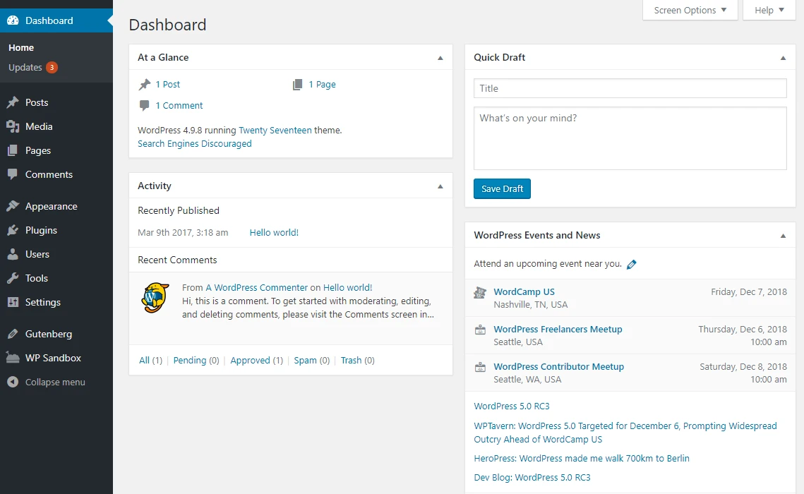 o painel do WordPress com guias para ferramentas de criação de conteúdo e opções de marketing CMS