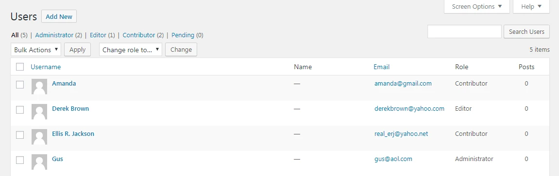 Eine Liste der WordPress-Benutzerrollen.