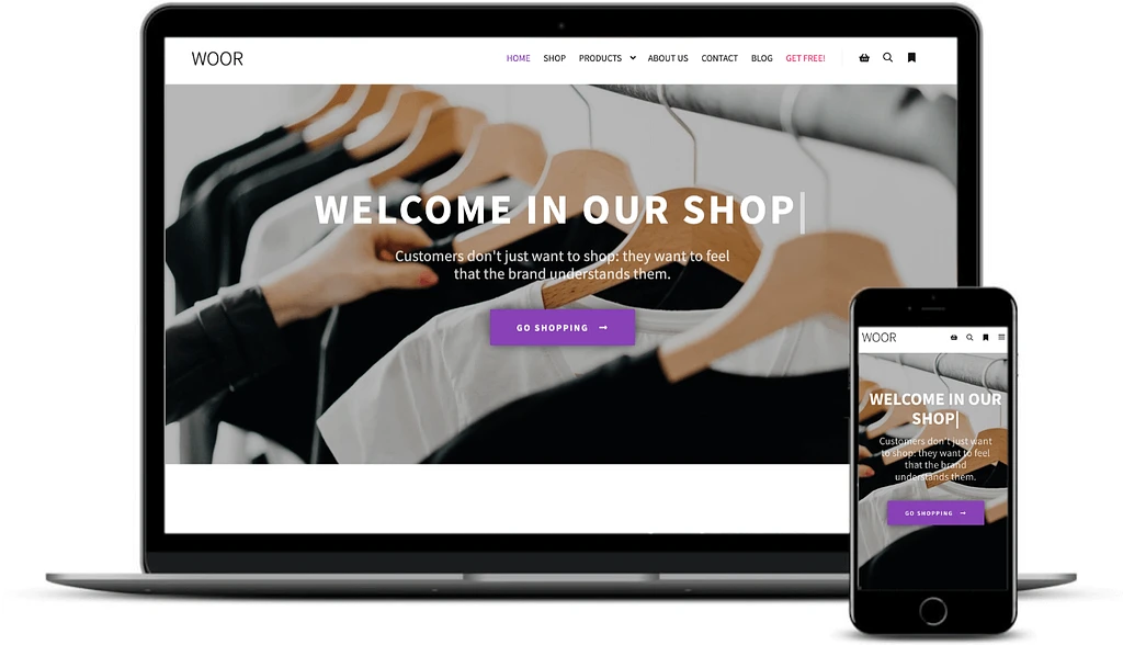 デスクトップとモバイルでの Rife Free WooCommerce デモ。