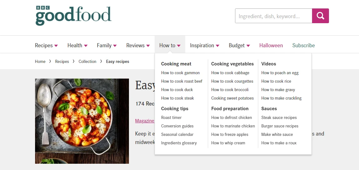 BBC goodfood 사이트의 계층적 사이트 구조의 예입니다.