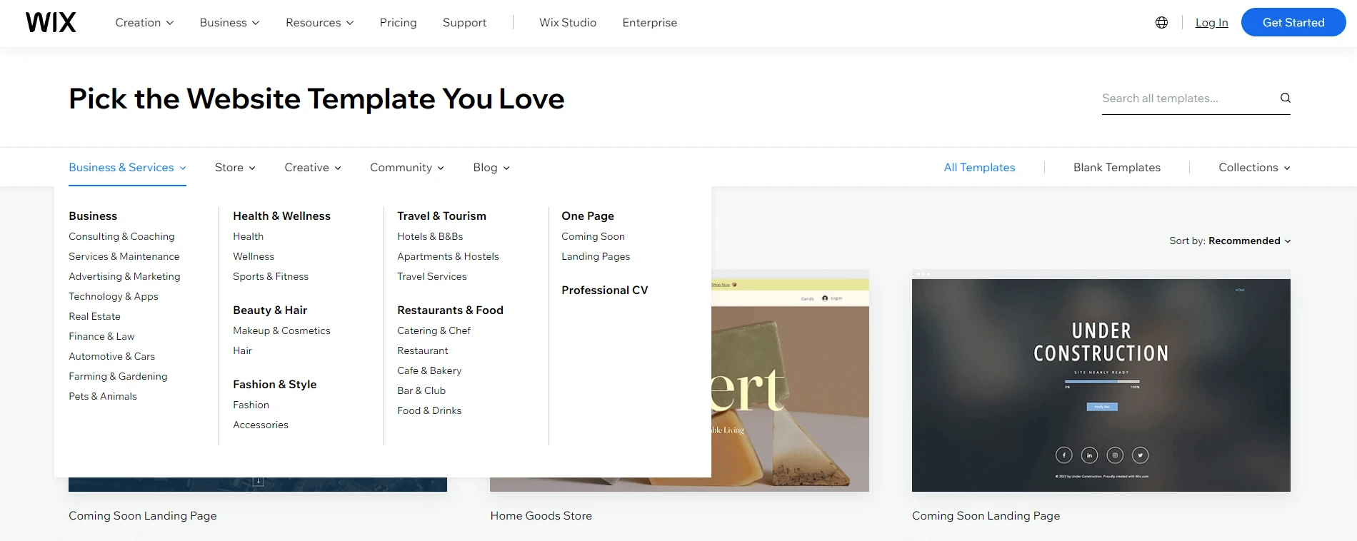 Wix-Vorlagenbibliothek für Website-Builder vs. WordPress-Vergleich.