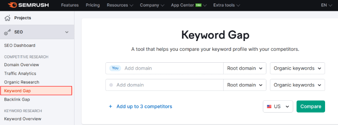 أداة فجوة الكلمات الرئيسية Keyword gap tool