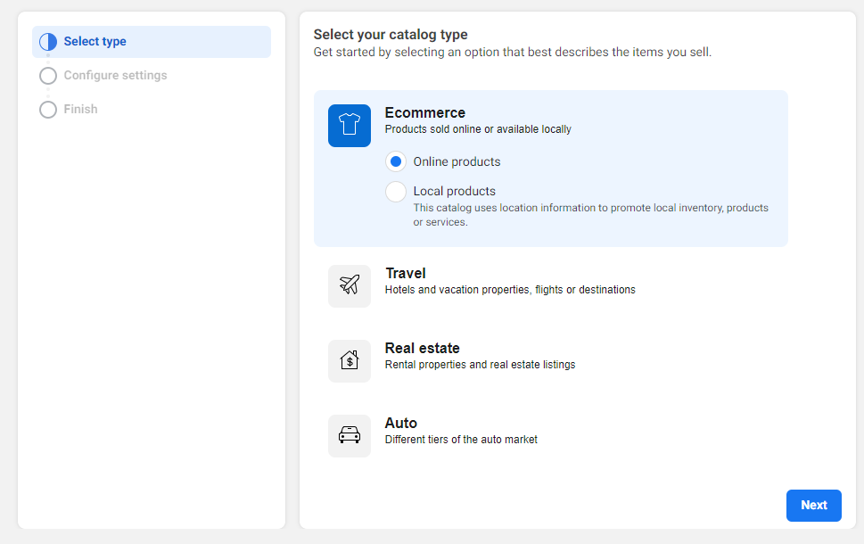 Selectați tipul de catalog pe FaceBook eCommerce Manager