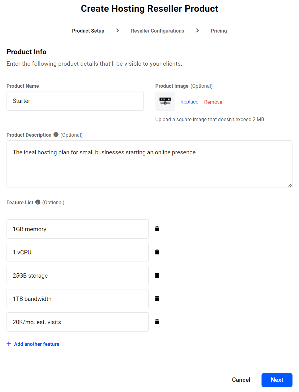 ホスティングリセラー製品の作成ウィザード - 製品セットアップ画面。