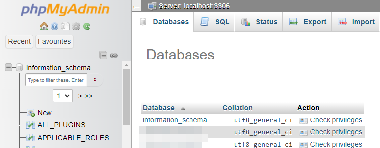 Quando estiver dentro do phpMyAdmin, selecione a guia Bancos de dados. Isso mostrará uma lista de todos os bancos de dados da sua conta.