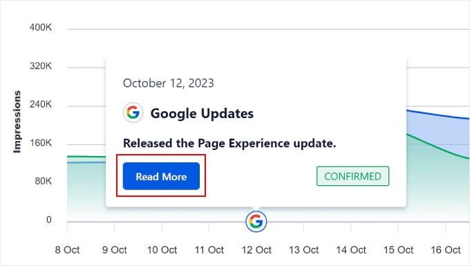 En cliquant sur le bouton Lire la suite sur la chronologie des statistiques de recherche d'AIOSEO Clicking the Read More button on AIOSEO's Search Statistics timeline