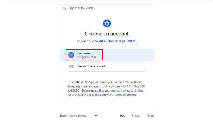 Choisir un compte Google pour connecter Google Search Console à AIOSEO Choosing a Google account to connect Google Search Console with AIOSEO