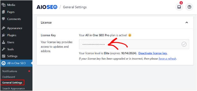 Activation de la clé de licence sur AIOSEO Activating the license key on AIOSEO