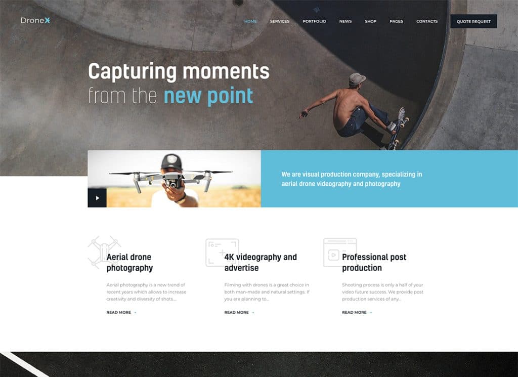DroneX — motyw WordPress poświęcony fotografii i wideografii lotniczej