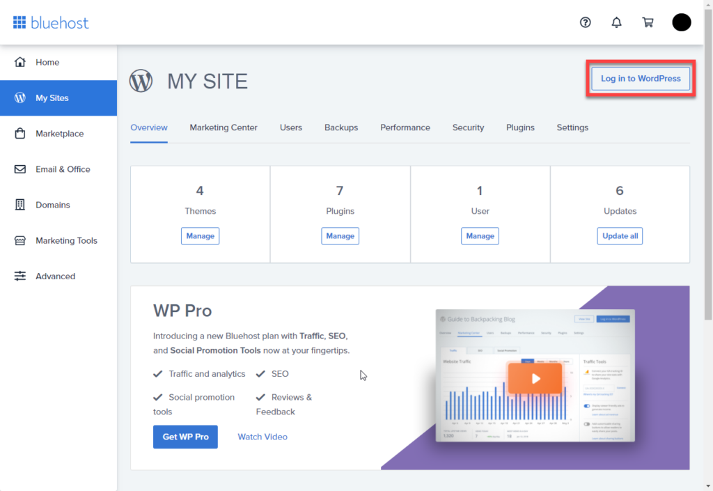 экран моего сайта bluehost