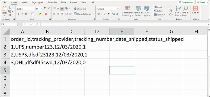 File sampel CSV Pelacakan Pengiriman Tingkat Lanjut Advanced Shipment Tracking's CSV sample file