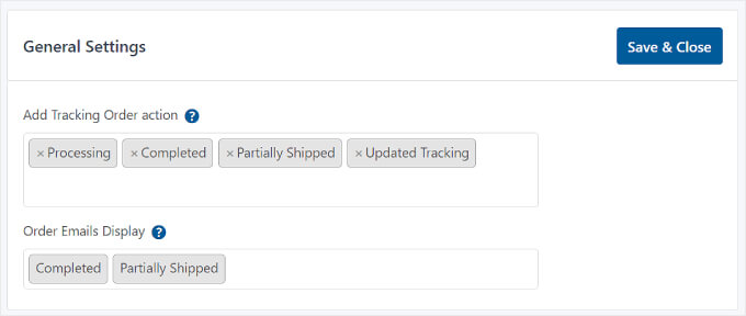 Bagian Pengaturan Umum Pelacakan Pengiriman Tingkat Lanjut Advanced Shipment Tracking's General Settings section