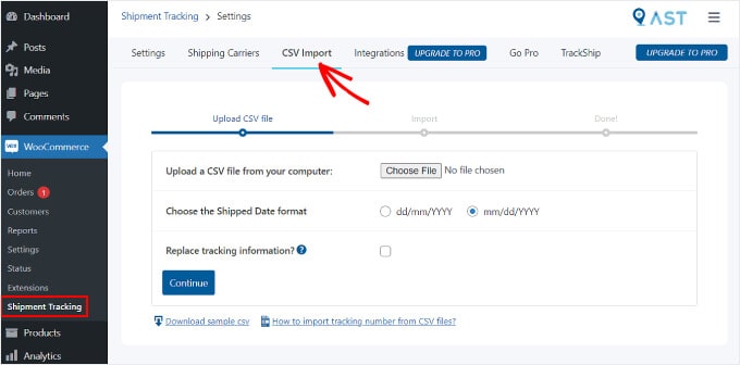 Menavigasi ke tab Impor CSV di halaman plugin Pelacakan Pengiriman Tingkat Lanjut Navigating to the CSV Import tab on the Advanced Shipment Tracking plugin page