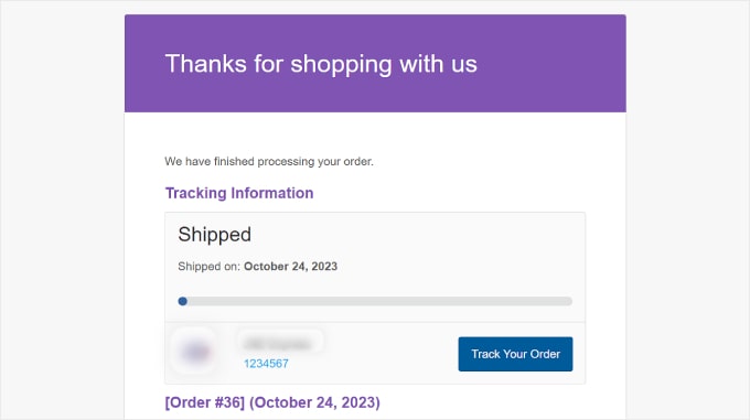 Contoh pemberitahuan email pesanan dari plugin Pelacakan Pengiriman Tingkat Lanjut Order email notification example from Advanced Shipment Tracking plugin
