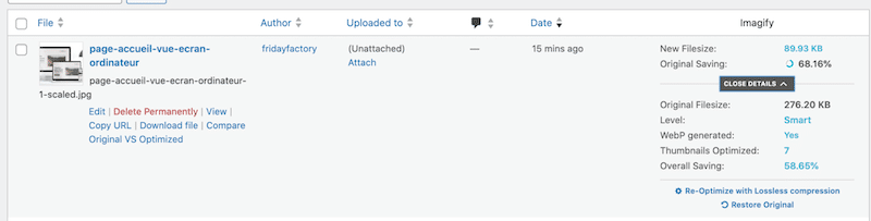 Bibliothèque WordPress avec le nouveau fichier compressé – Source : Imagify