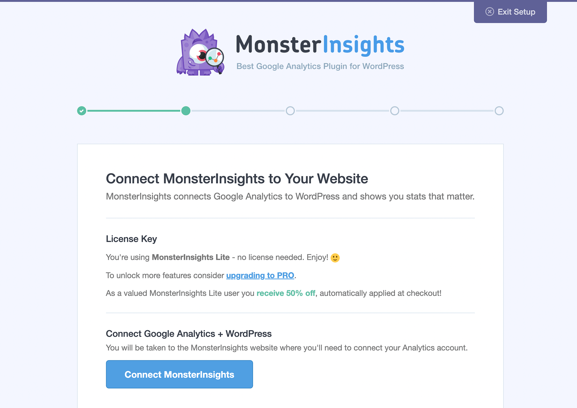 Collega MonsterInsights a Google Analytics + WordPress.