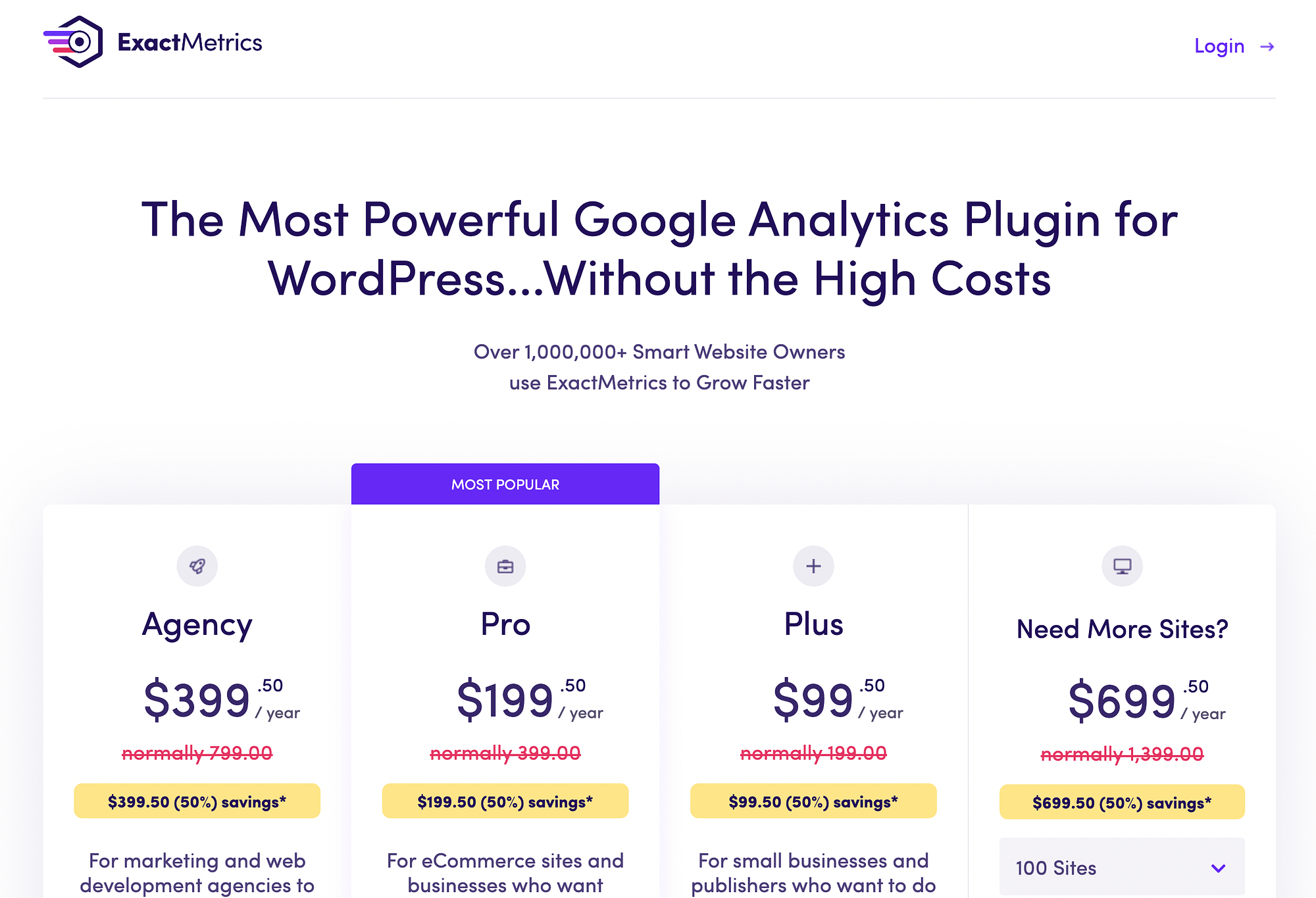 Pagina dei prezzi di ExactMetrics quando si confronta MonsterInsights con ExactMetrics.