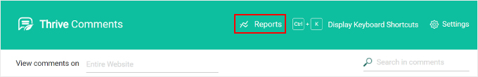 Kliknięcie przycisku Raporty na stronie Moderowanie komentarzy Clicking the Reports button on the Thrive Comments Moderation page