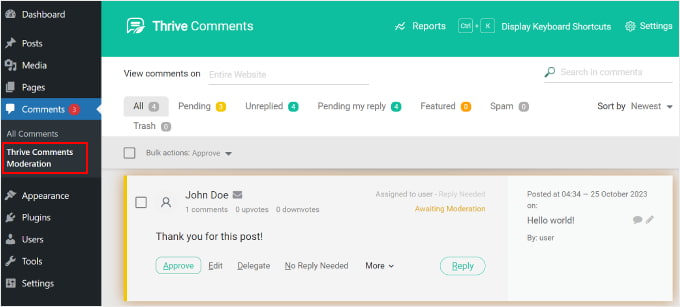 Otwieranie strony moderacji komentarzy Thrive w WordPress Opening the Thrive Comments Moderation page on WordPress