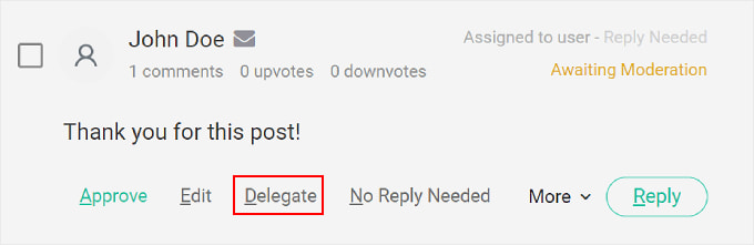 Kliknięcie przycisku „Deleguj” w komentarzu za pomocą wtyczki Thrive Comments Clicking the 'Delegate' button on a comment using the Thrive Comments plugin