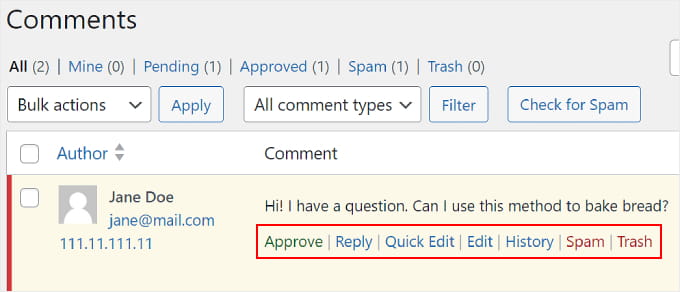 Linki do akcji komentarzy WordPress The WordPress comment action links
