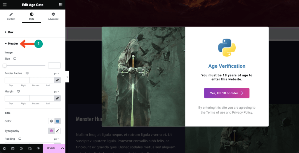 So fügen Sie mit Elementor 13 eine Altersüberprüfung zu WordPress hinzu Stylize and colorize the Header elements