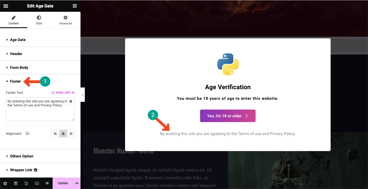 So fügen Sie mit Elementor 8 eine Altersüberprüfung zu WordPress hinzu Customize the Age Verification form footer text
