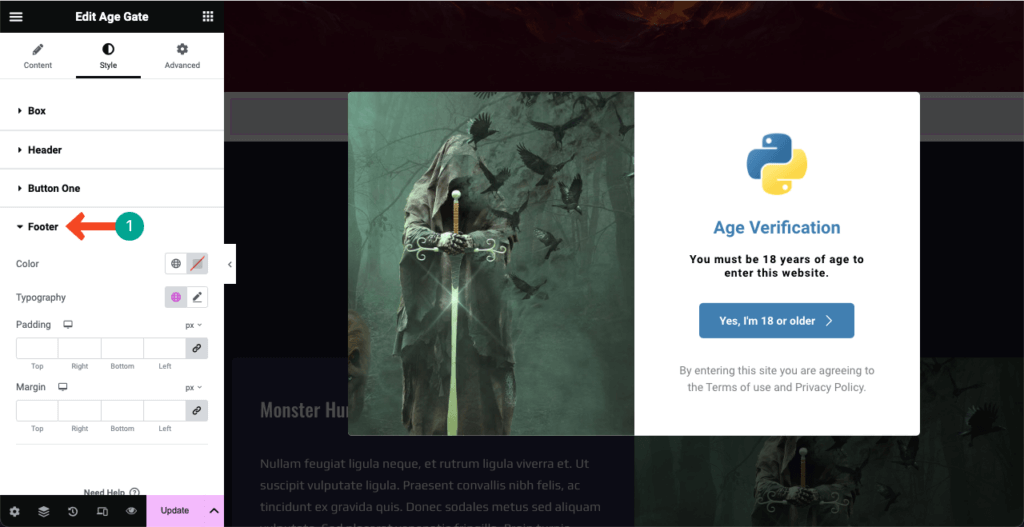 So fügen Sie mit Elementor 15 eine Altersverifizierung zu WordPress hinzu Stylize the footer element