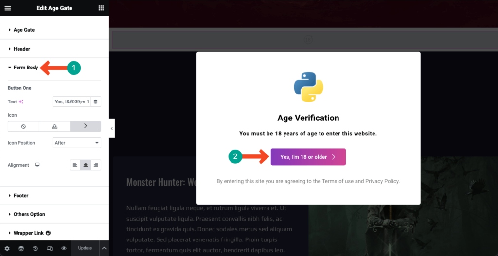 So fügen Sie mit Elementor 7 eine Altersüberprüfung zu WordPress hinzu Customize the Age Verification button
