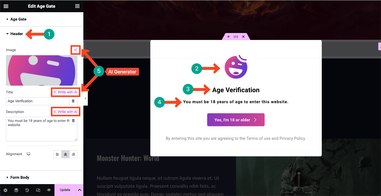 So fügen Sie WordPress mit Elementor 6 eine Altersüberprüfung hinzu Customize the Age Verification form header