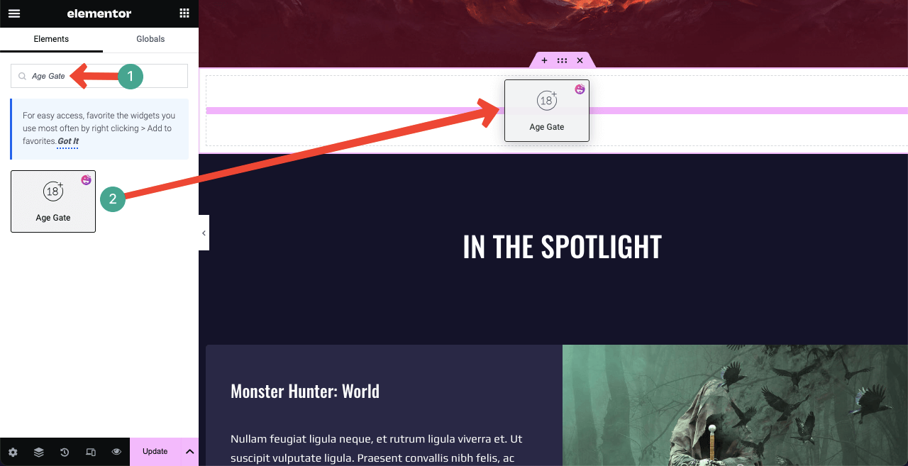So fügen Sie WordPress mit Elementor 4 eine Altersüberprüfung hinzu Drag and drop the Age Gate widget