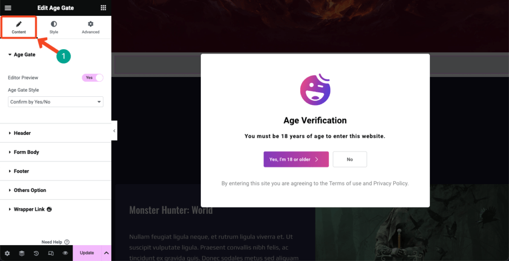 So fügen Sie WordPress mit Elementor 5 eine Altersüberprüfung hinzu Configure the Age Gate widget content