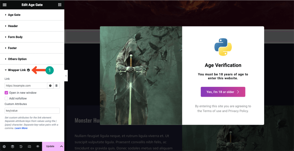 So fügen Sie WordPress mit Elementor 10 eine Altersüberprüfung hinzu Add a Wrapper Link to Age Verification form