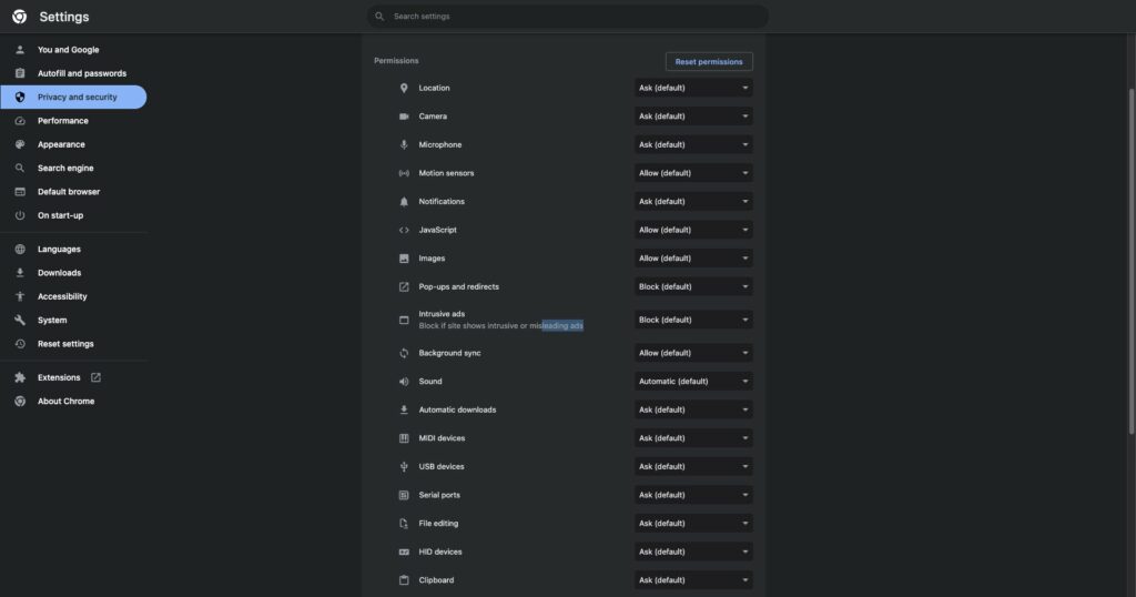 Confidentialité et sécurité du site Web sur Chrome
